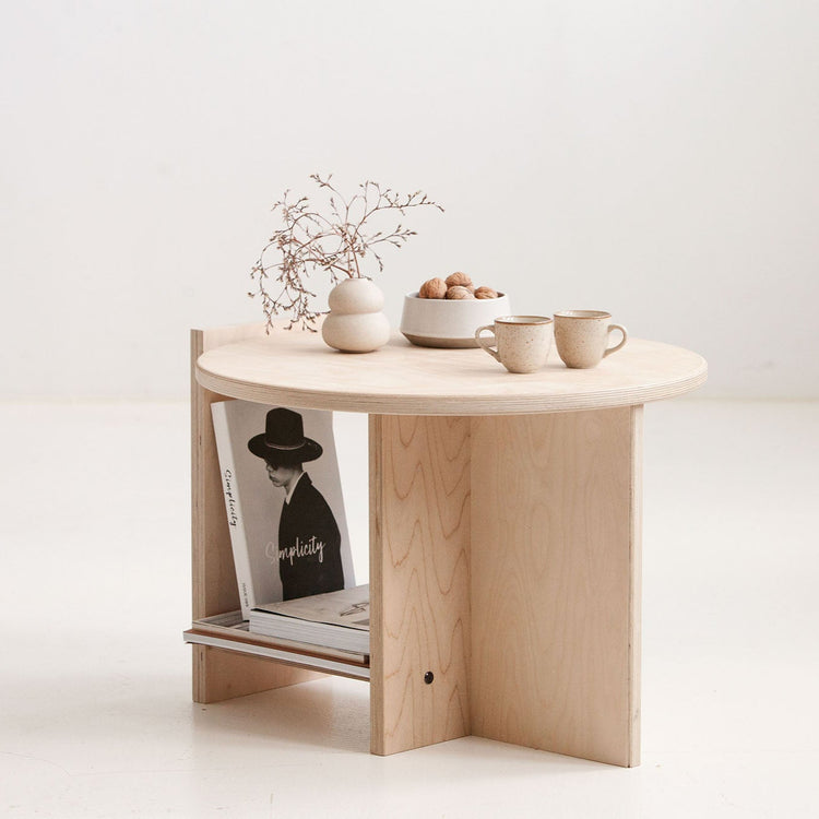 Modern round plywood coffee table USA with storage shelf for books and magazines