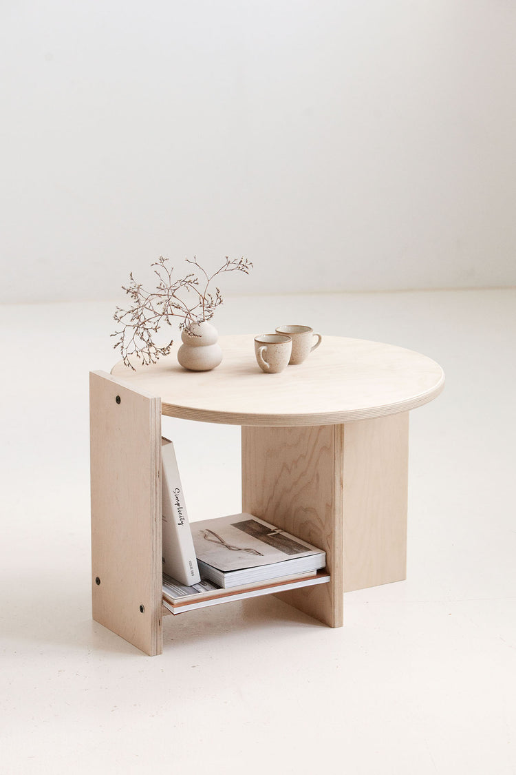 Custom mid-century round coffee table USA in natural wood finishes