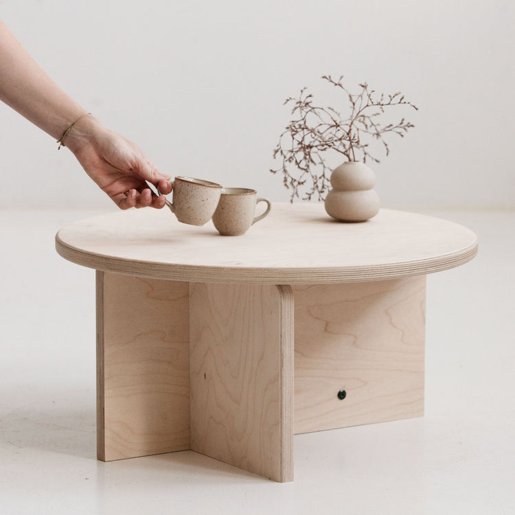 Handmade Japandi round coffee table USA in birch plywood with natural oil-wax finish