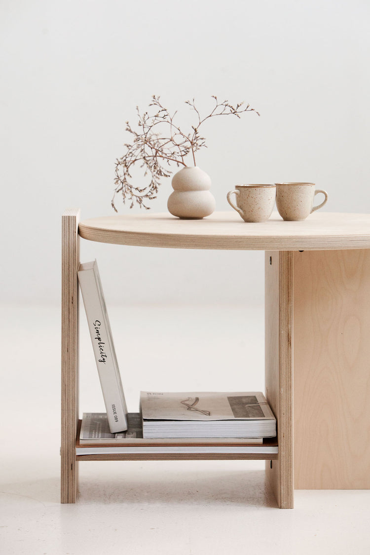 Handcrafted plywood coffee table USA with practical lower shelf