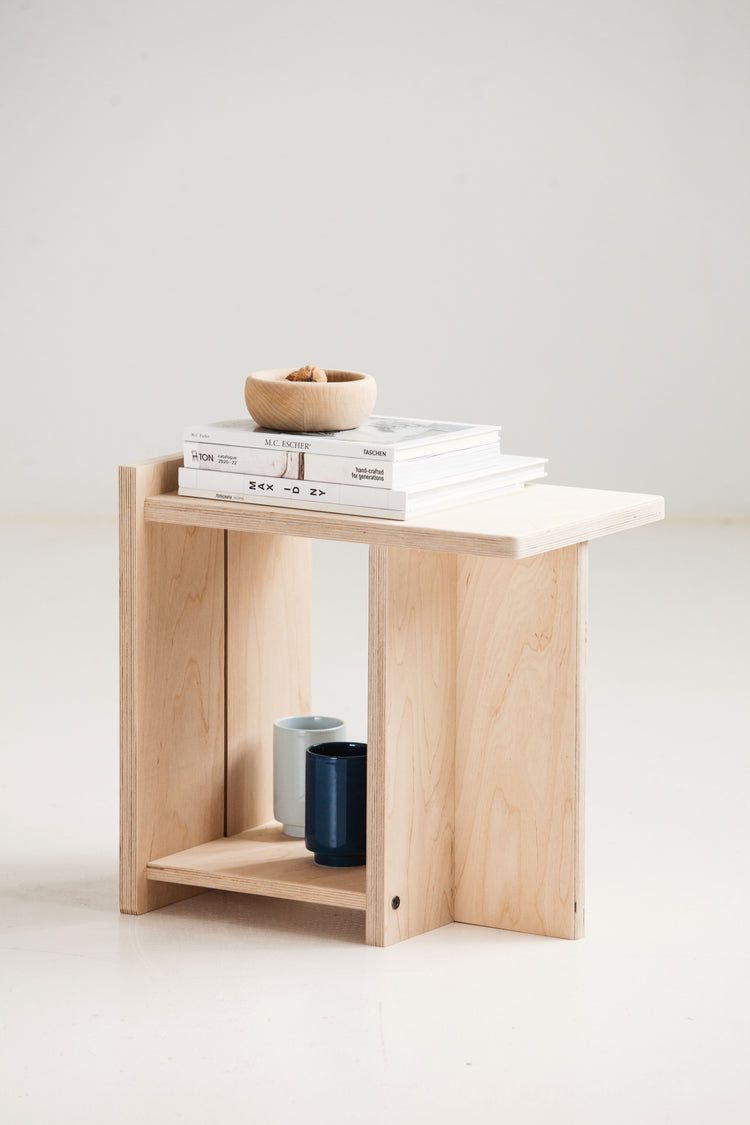 Versatile Japandi stool used as a side table or seat