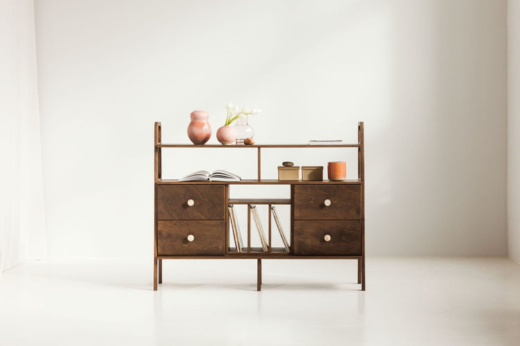 mid-century-modern-sideboard-with-drawers-and-vinyl-storage-in-walnut-stain