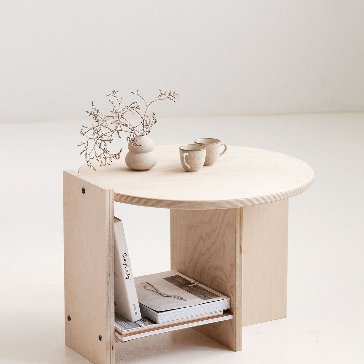 Custom mid-century round coffee table USA in natural wood finishes
