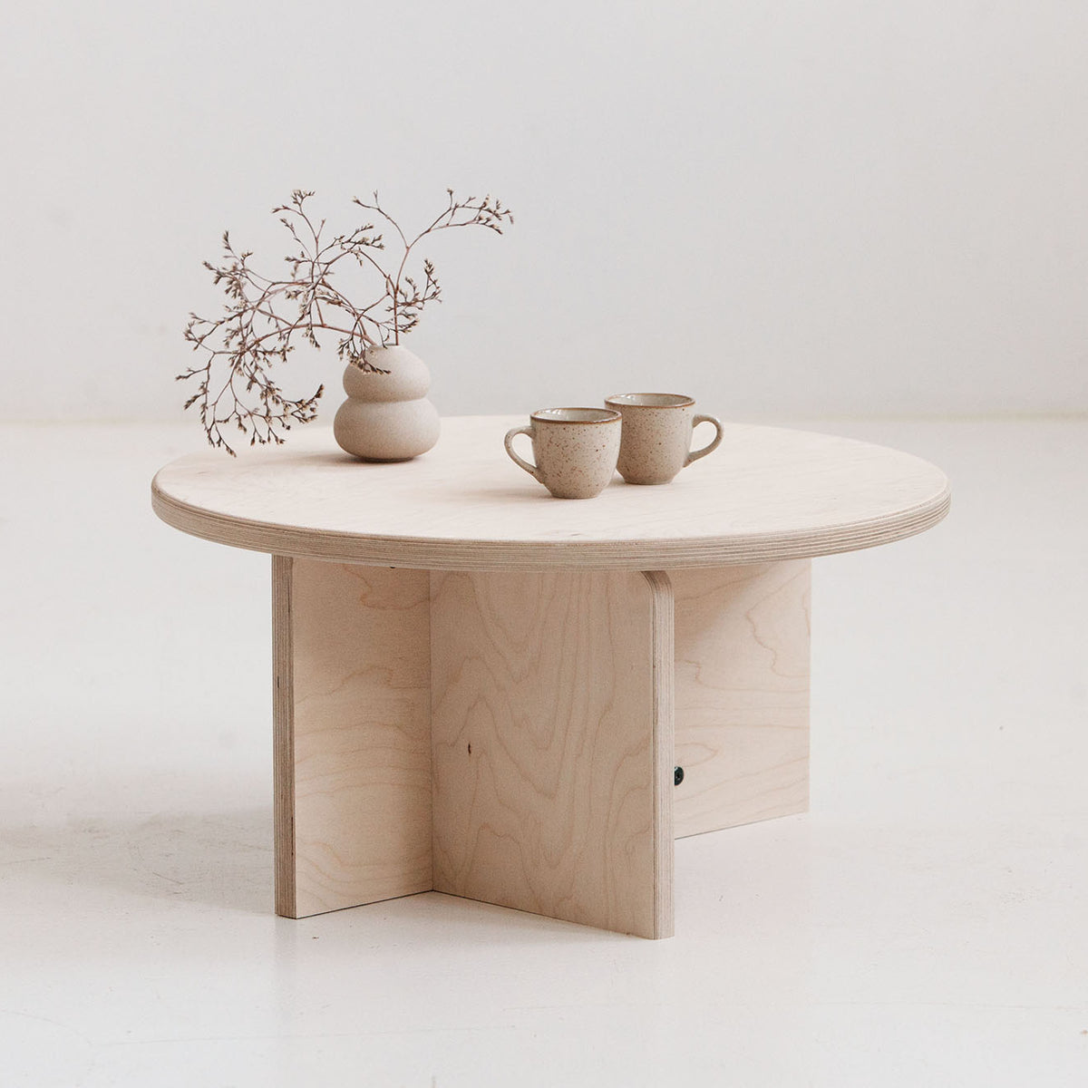 Japandi round coffee table handmade USA with eco-friendly plywood finish
