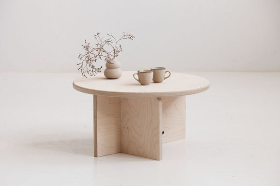 Japandi round coffee table handmade USA with eco-friendly plywood finish