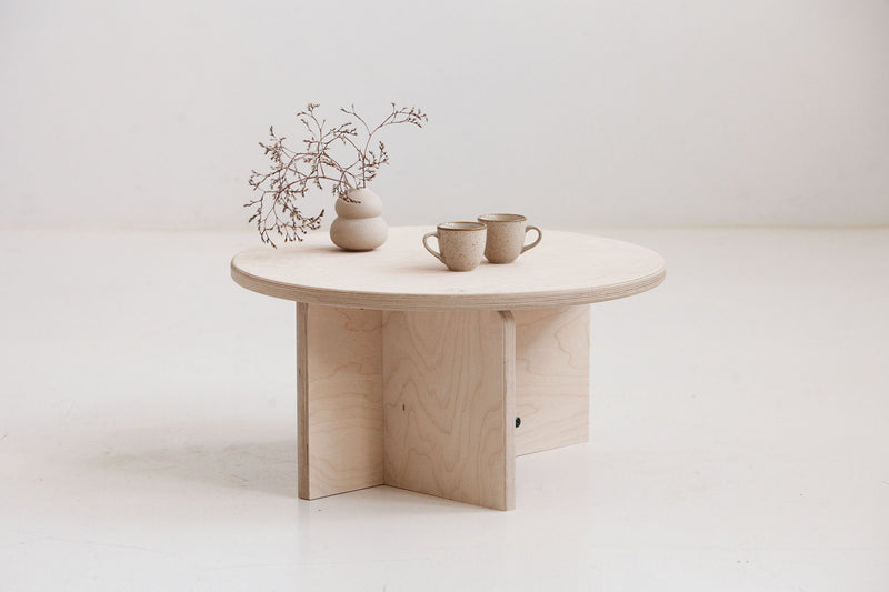 Japandi round coffee table handmade USA with eco-friendly plywood finish
