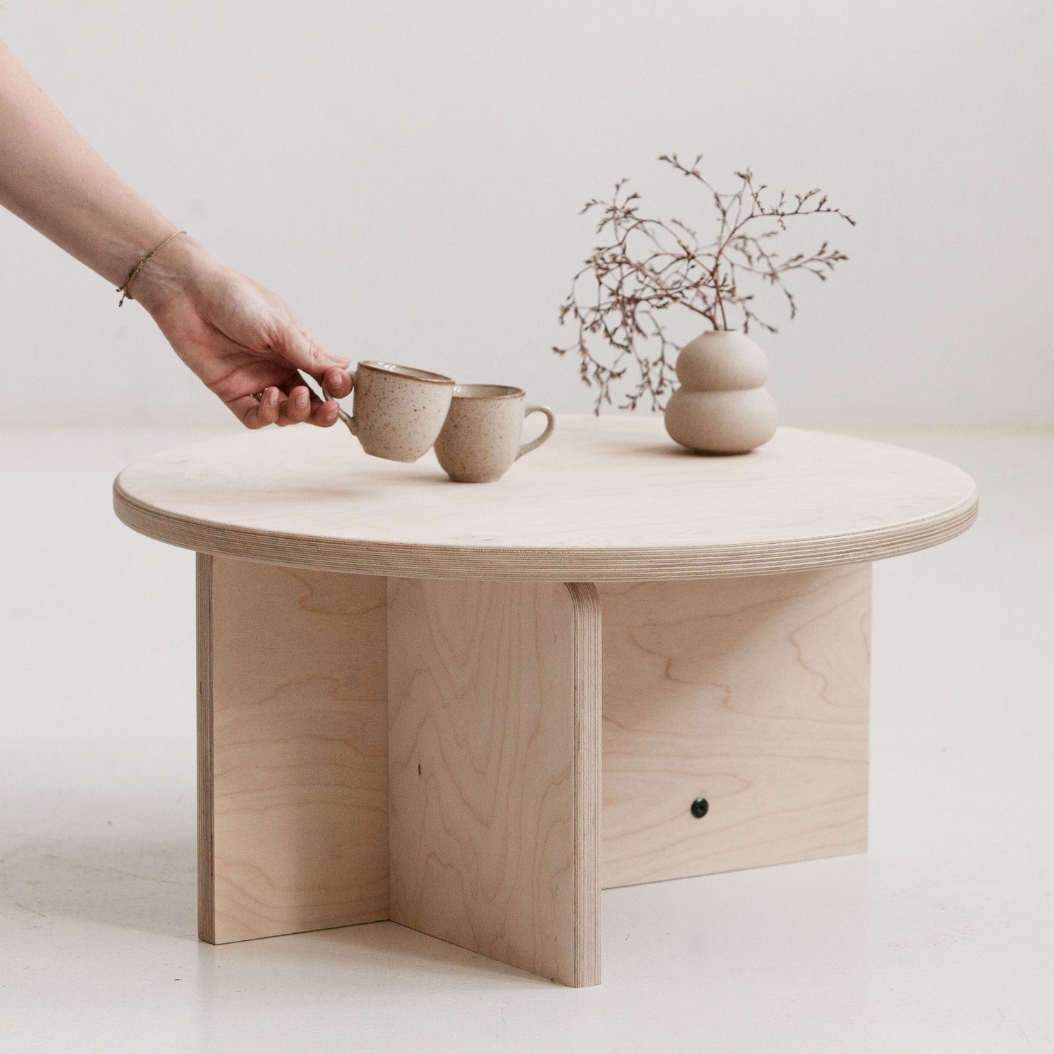 Handmade Japandi round coffee table USA in birch plywood with natural oil-wax finish