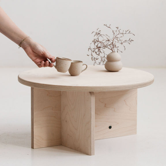 Handmade Japandi round coffee table USA in birch plywood with natural oil-wax finish
