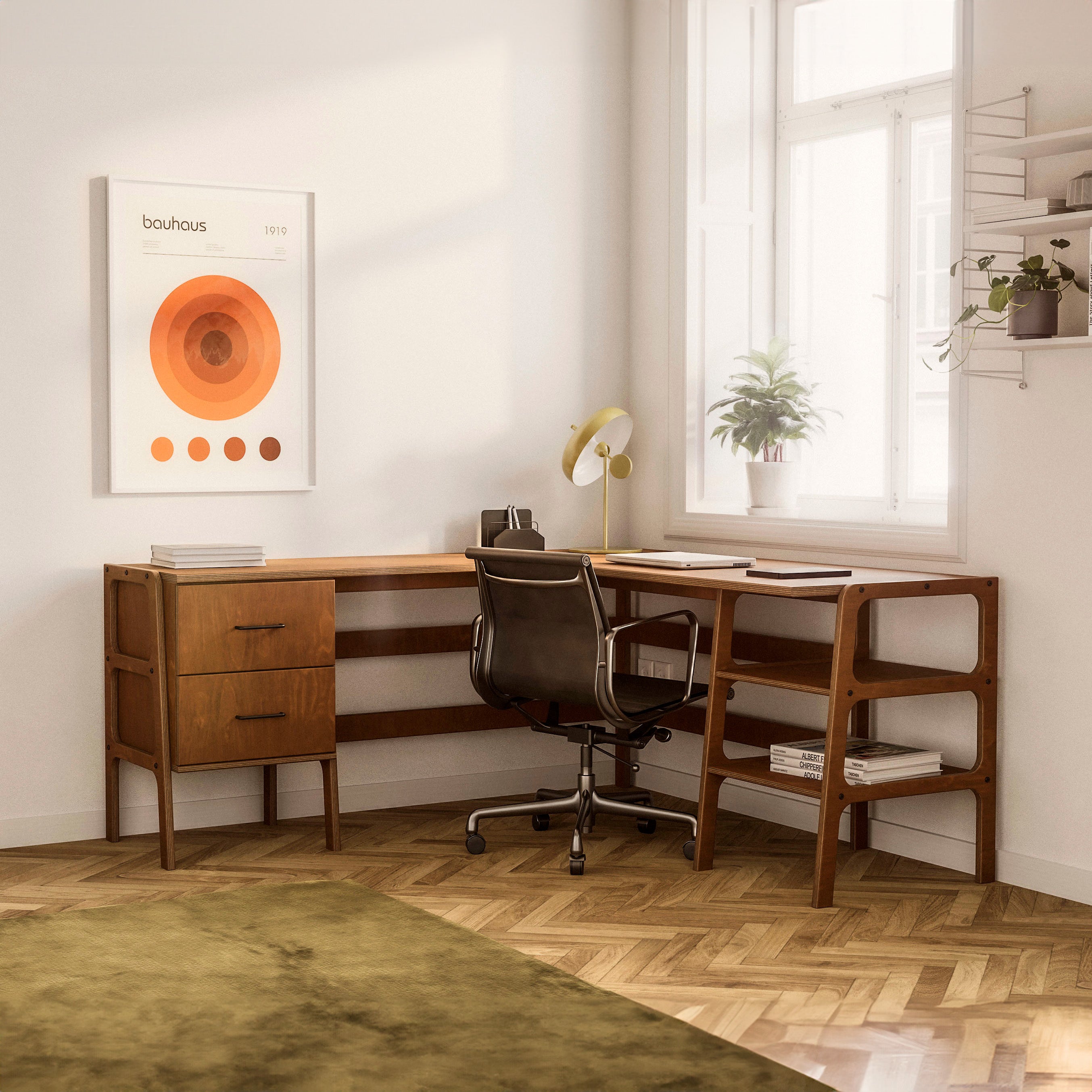 Mid Century Corner Desk with Shelves and Drawers