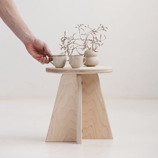 Small Japandi side table handmade in USA from birch plywood with natural oil-wax finish