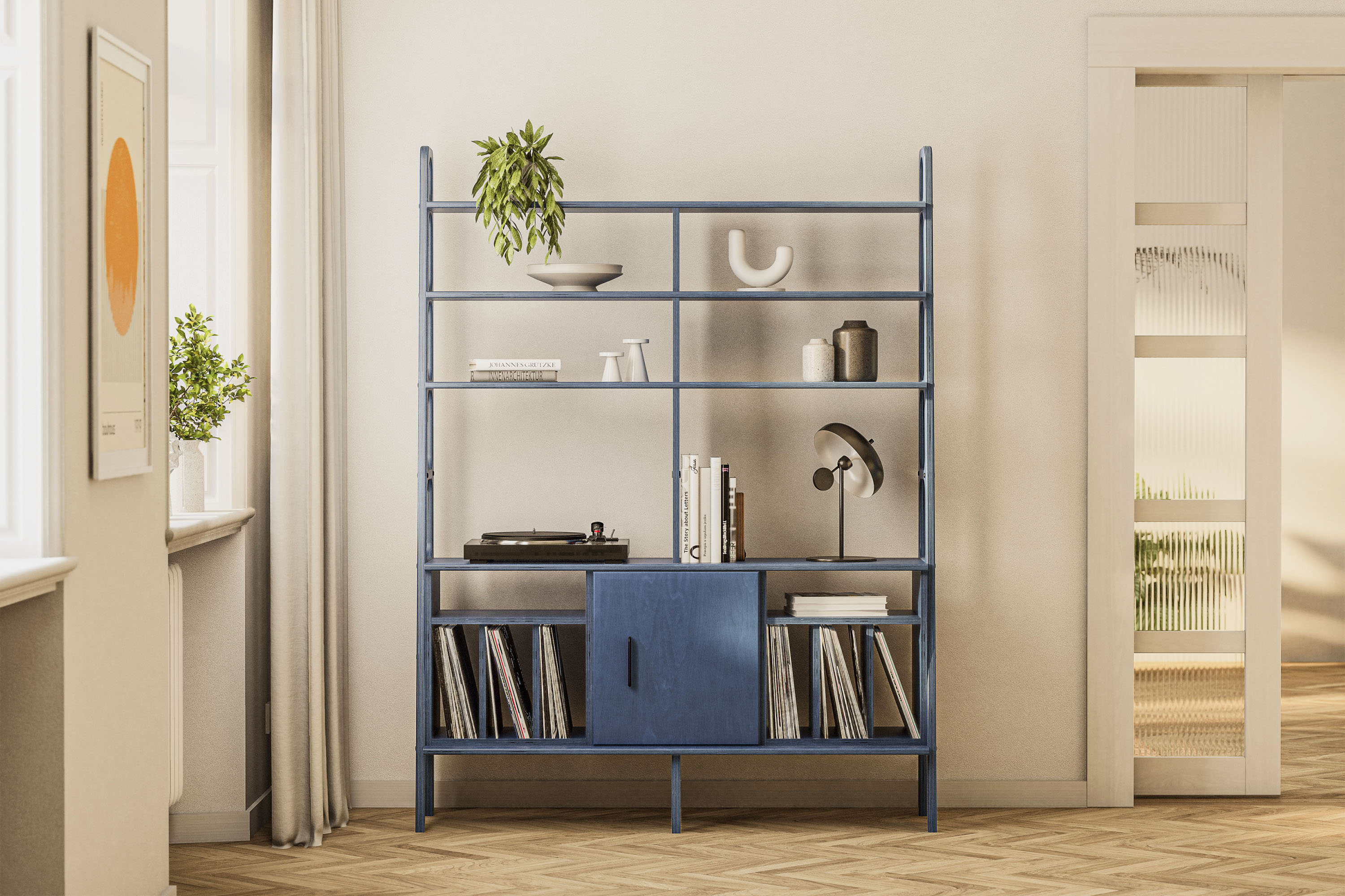 Maxi Bookcase: Stylish Mid-Century Drawers and Vinyl Storage