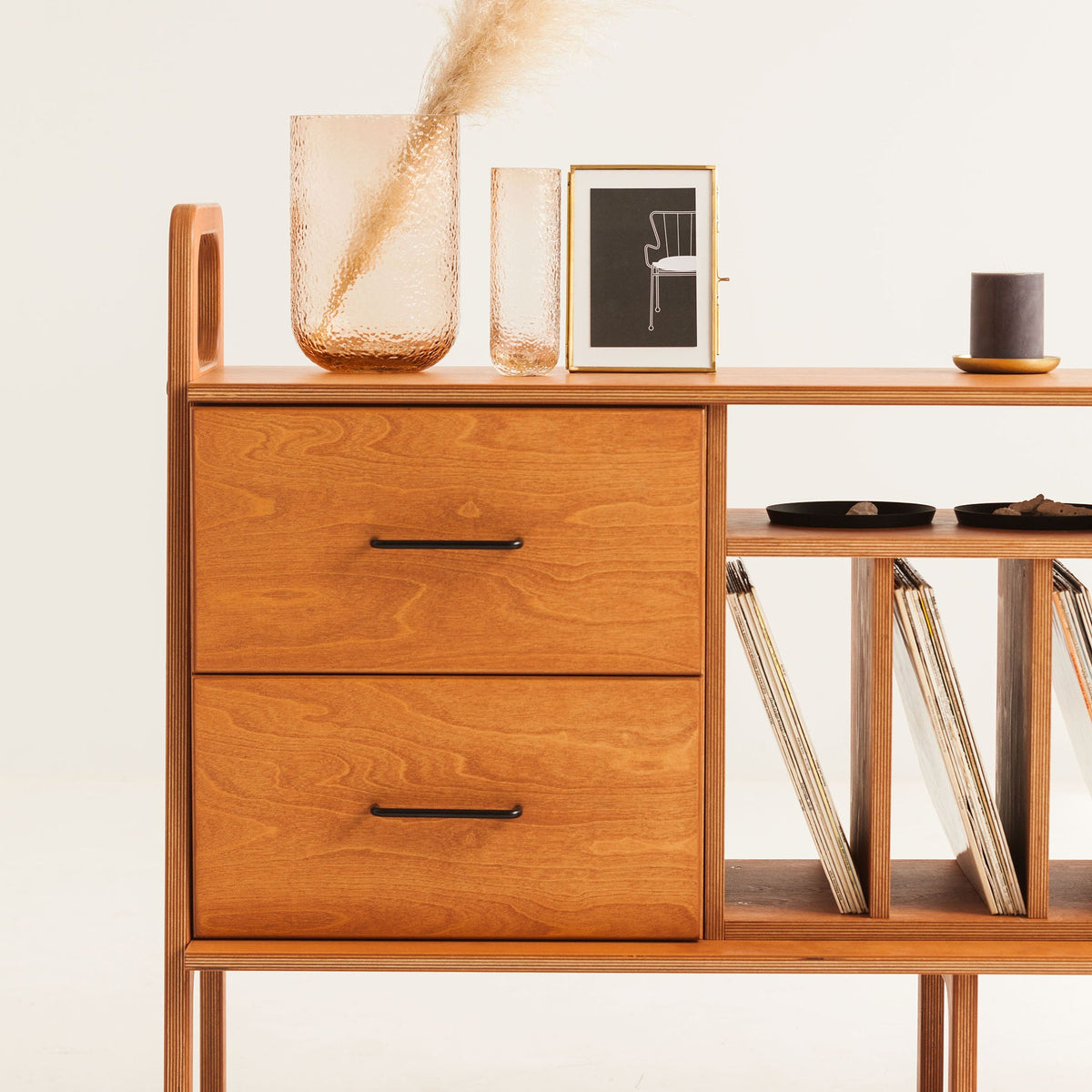 drawers-of-wooden-teak-media-console-with-drawers-and-vinyl-storage